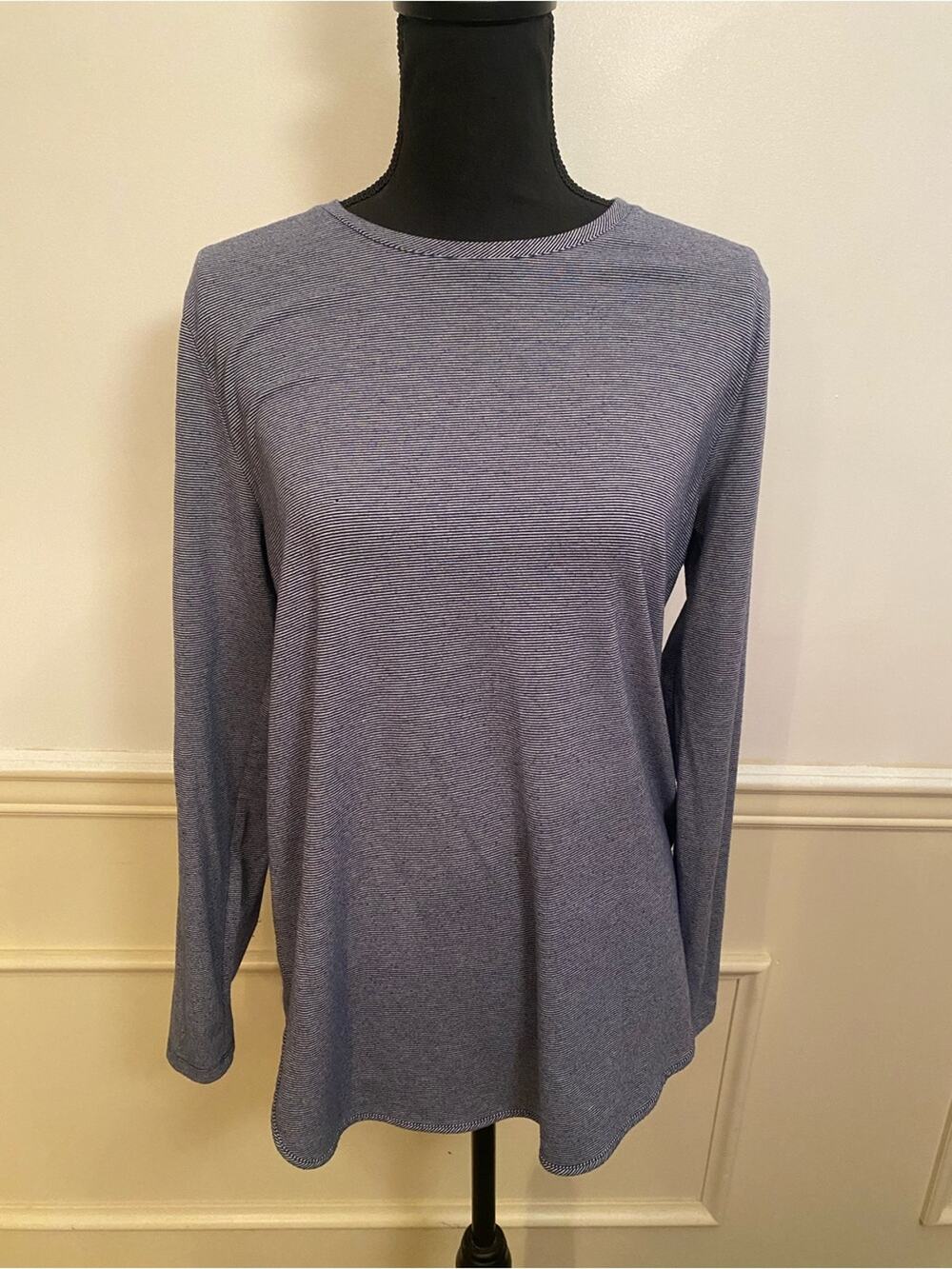 Lands' End Women's Lightweight Striped Long Sleeve Crewneck Tee Navy & White